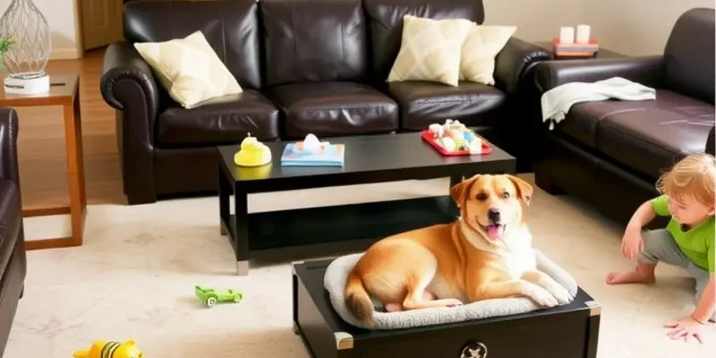A family with children enjoying their time with pets in a safe and organized living room, representing the harmony of coexistence.