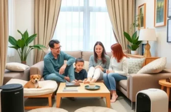 A family with children and pets in a cozy apartment, depicting a harmonious and allergy-friendly environment.