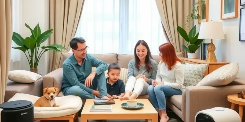 A family with children and pets in a cozy apartment, depicting a harmonious and allergy-friendly environment.