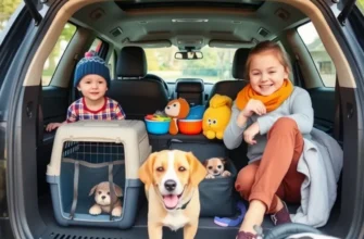 A family enjoying a picnic in the park with pets, displaying a variety of pet-friendly travel items around them.