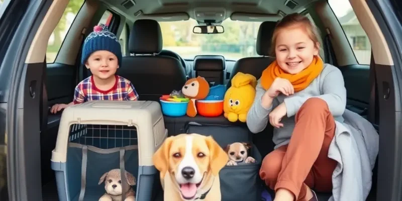 A family enjoying a picnic in the park with pets, displaying a variety of pet-friendly travel items around them.