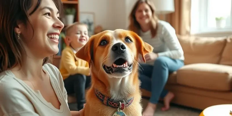 A family engaged in a playful moment with their pets, surrounded by a warm apartment atmosphere.