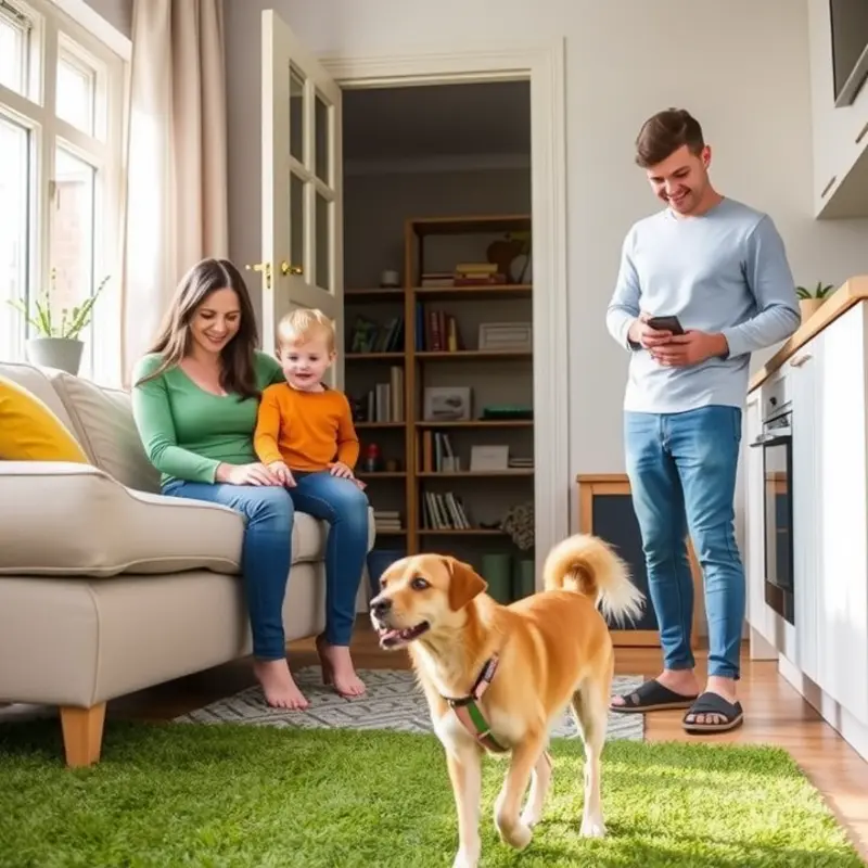 Family establishing a potty training routine for their dog in an apartment setting.