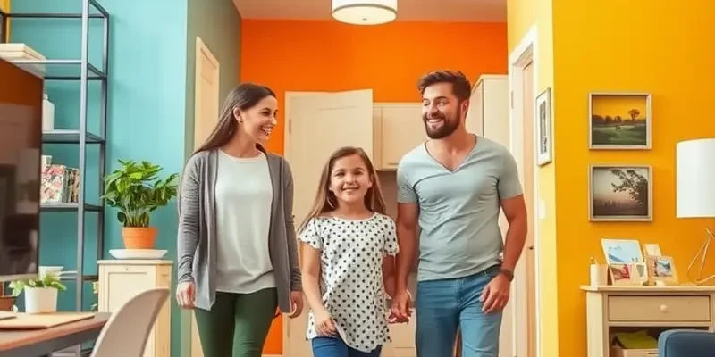 A family with a baby and a pet, comfortably settled in their bright and cheerful apartment.
