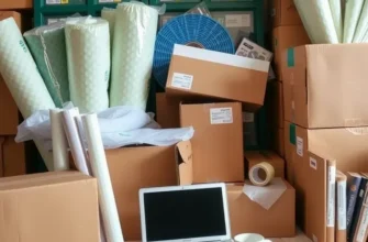 Happy family unpacking electronics together in their new home, surrounded by moving boxes.