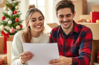 A family joyfully unpacking during the holidays in a decorated living room.