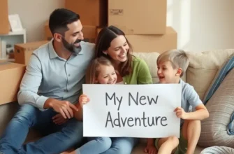 A family joyfully unpacks in their new home with smiles as the sunset casts a warm glow.
