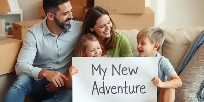 A family joyfully unpacks in their new home with smiles as the sunset casts a warm glow.