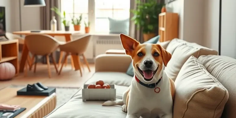 A family joyfully unpacking in their new home with their dog exploring.