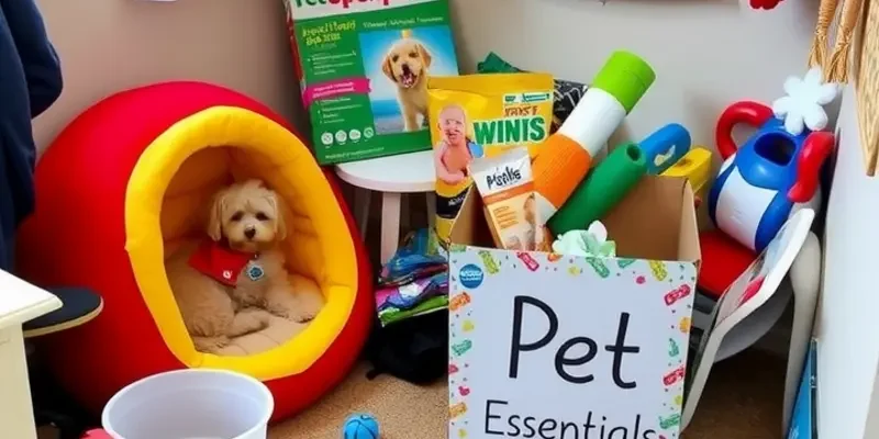 A family unpacking boxes in their new home, with a dog and cat exploring their surroundings.