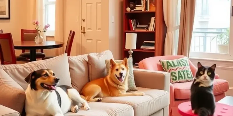 A family with a dog and a cat enjoying their time at home in a pet-friendly apartment.