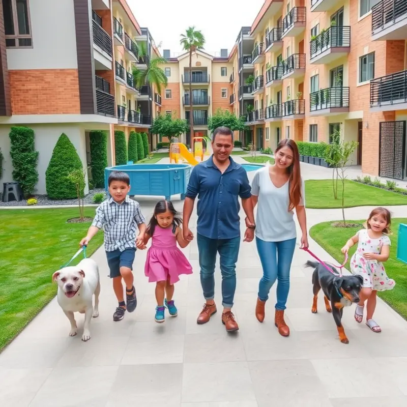 A family with pets enjoying the outdoors at their apartment complex.