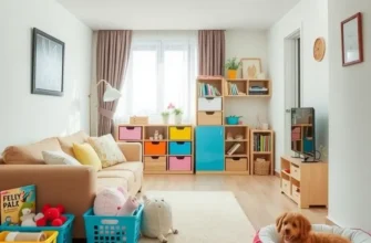 Cheerful family with children and pets enjoying their apartment.