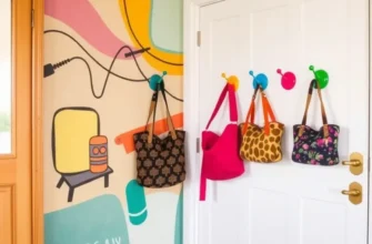 Stylish entryway in a rental apartment with various DIY coat hooks.
