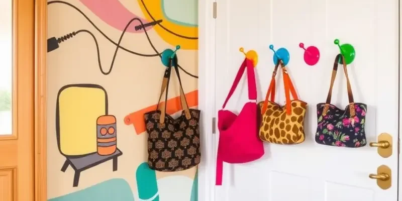 Stylish entryway in a rental apartment with various DIY coat hooks.
