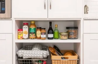 A cozy rental home with organized cabinets featuring stylish DIY organizers.