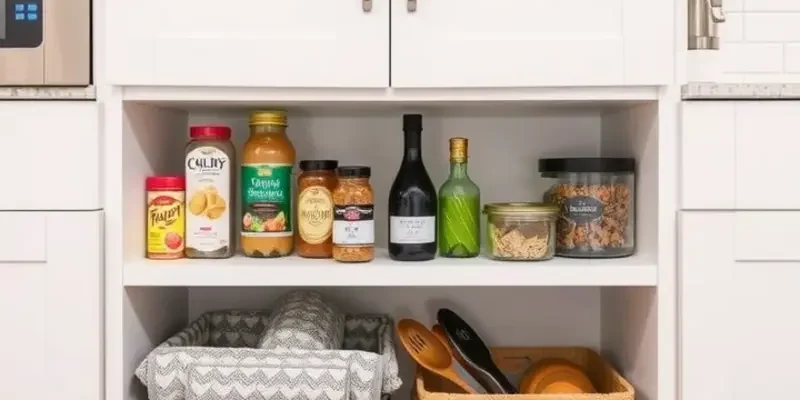 A cozy rental home with organized cabinets featuring stylish DIY organizers.