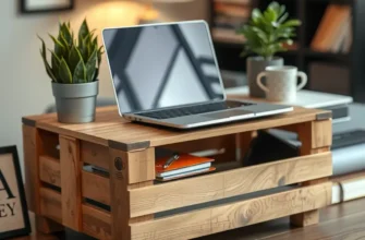 A desk showcasing two DIY laptop stands, one wooden crate and one bookshelf, surrounded by decorative items and a laptop.
