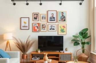 A collage of picture rails decorated with personal photos and art in a stylish rental apartment.