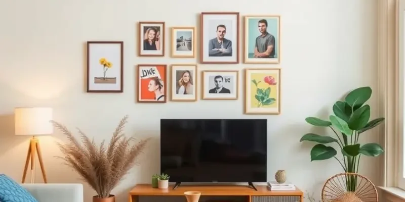 A collage of picture rails decorated with personal photos and art in a stylish rental apartment.