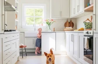 A lively family kitchen scene filled with children and pets, showcasing a warm, inviting and functional space.