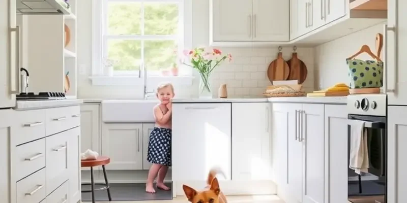 A lively family kitchen scene filled with children and pets, showcasing a warm, inviting and functional space.