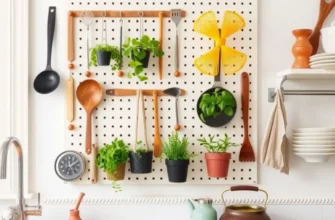 A beautifully organized kitchen featuring pegboard and mason jars for utensil storage.