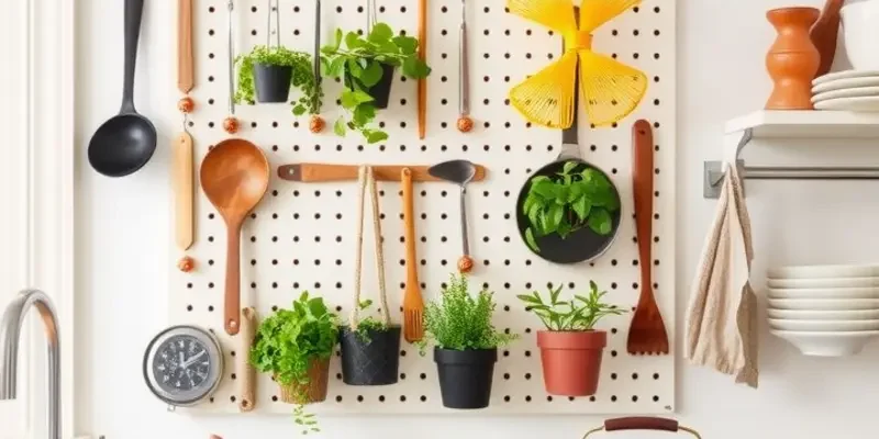 A beautifully organized kitchen featuring pegboard and mason jars for utensil storage.
