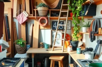 A creative living space showcasing a decorative ladder filled with plants and throws.