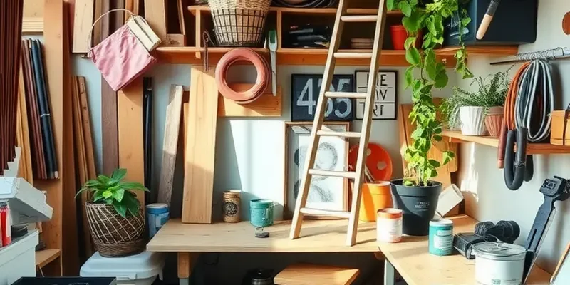 A creative living space showcasing a decorative ladder filled with plants and throws.