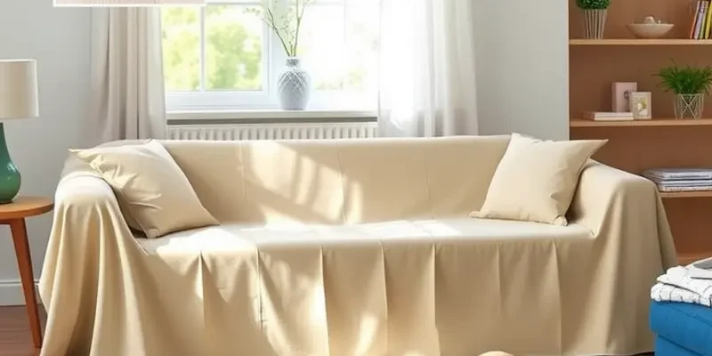 A warm living room featuring stylish pet-friendly furniture covers, a cat, and a child.