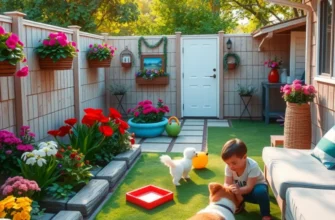 A vibrant pet-friendly garden where children play with animals in a safe and secure outdoor setting.