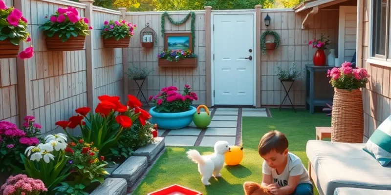 A vibrant pet-friendly garden where children play with animals in a safe and secure outdoor setting.