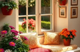 A styled window seat with cushions and decorations, showcasing a lovely view.