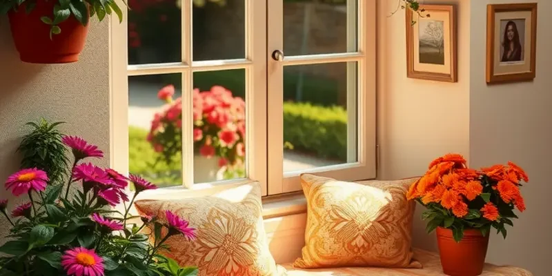 A styled window seat with cushions and decorations, showcasing a lovely view.
