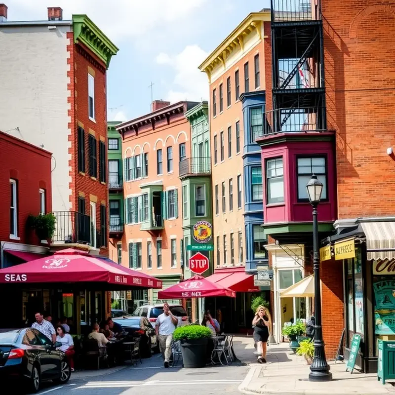 The lively streets of Fell’s Point bustling with people and local businesses.