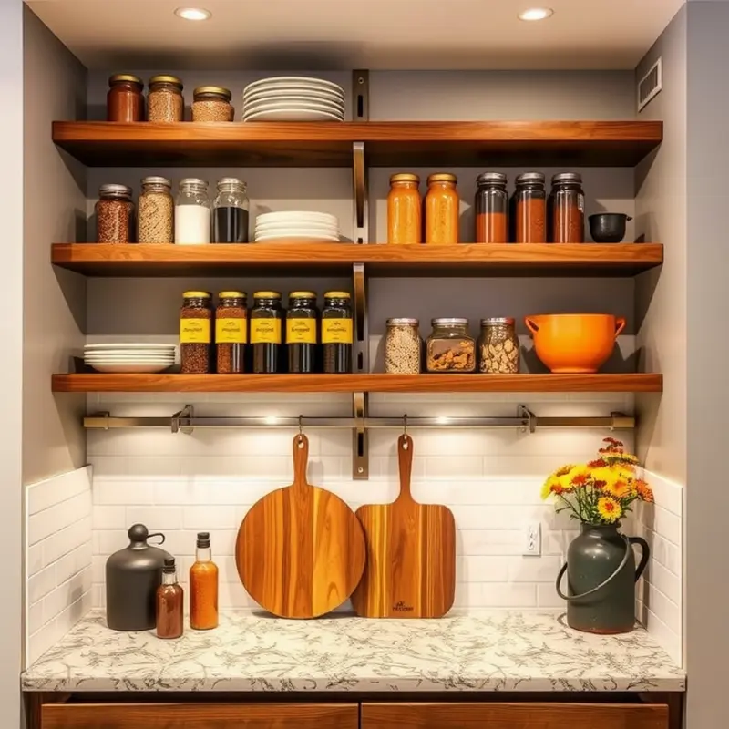Floating shelves provide stylish storage for your pantry essentials.