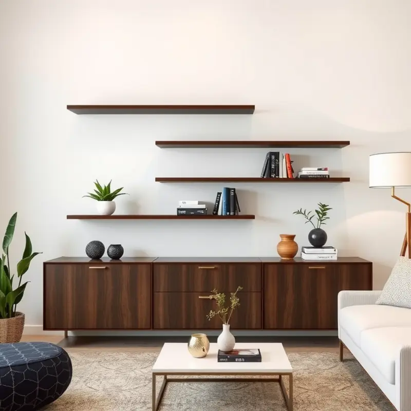 Chic floating shelves display decorative items and books.