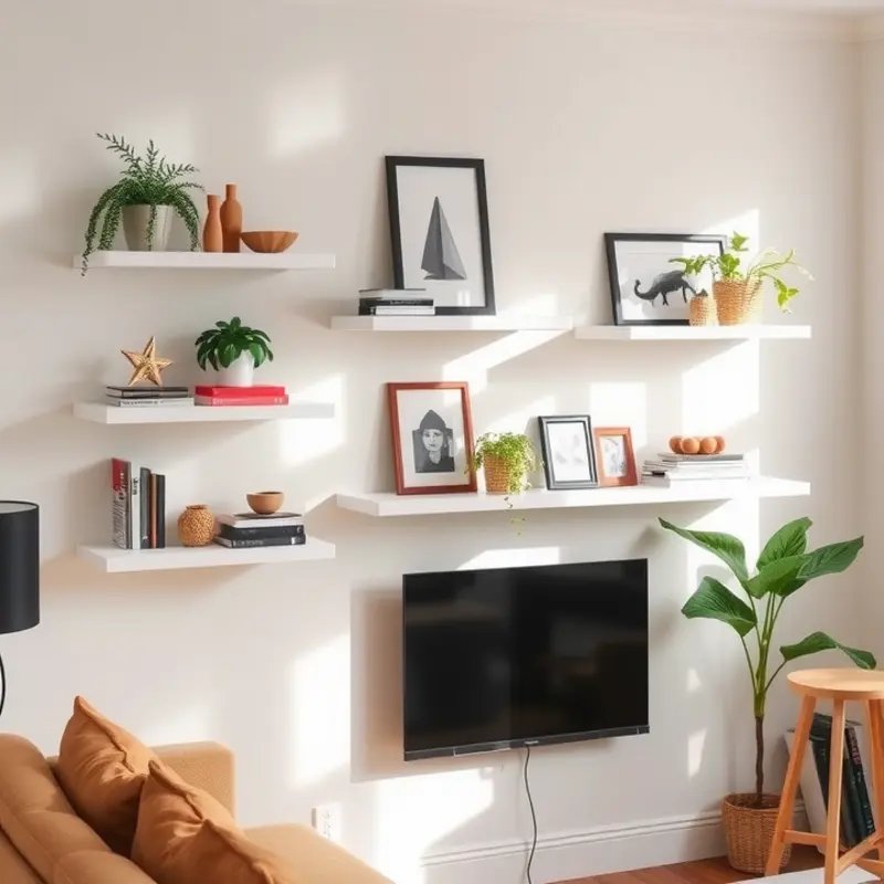 Floating shelves displaying a curated collection of books and decorative objects.