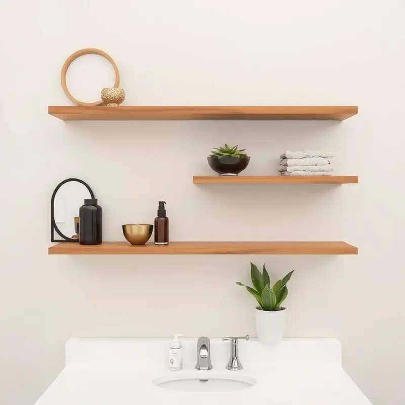A chic minimalist vanity with floating shelves, perfect for renters.