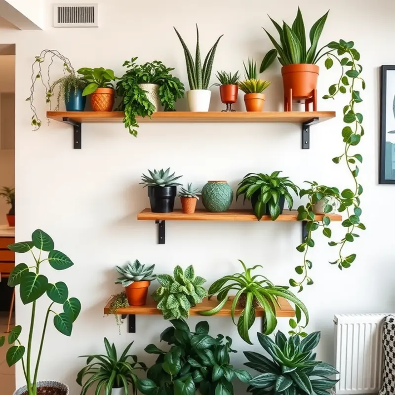 Stylish floating shelves planted with a variety of greenery.