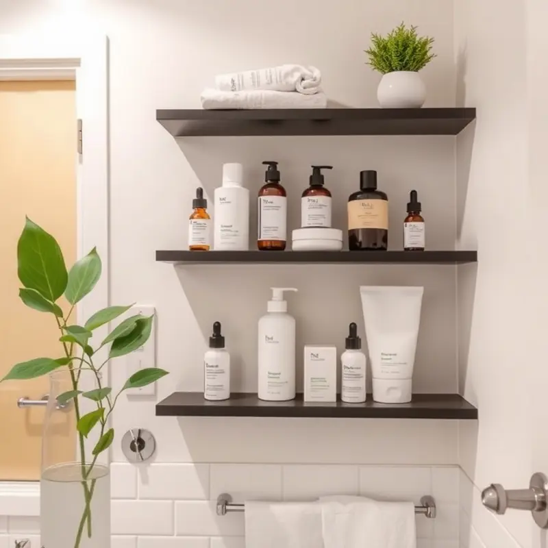 Floating shelves display an organized skincare collection in a chic bathroom.