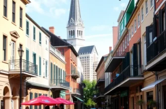 Lively street scene in the French Quarter with musicians playing and pedestrians enjoying the outdoors.