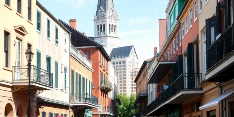 Lively street scene in the French Quarter with musicians playing and pedestrians enjoying the outdoors.