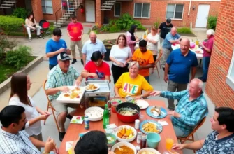A cheerful group of apartment neighbors sharing laughter on a balcony during sunset.