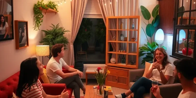 A fun gathering in an apartment where friends are celebrating, filled with laughter, food, and drinks.