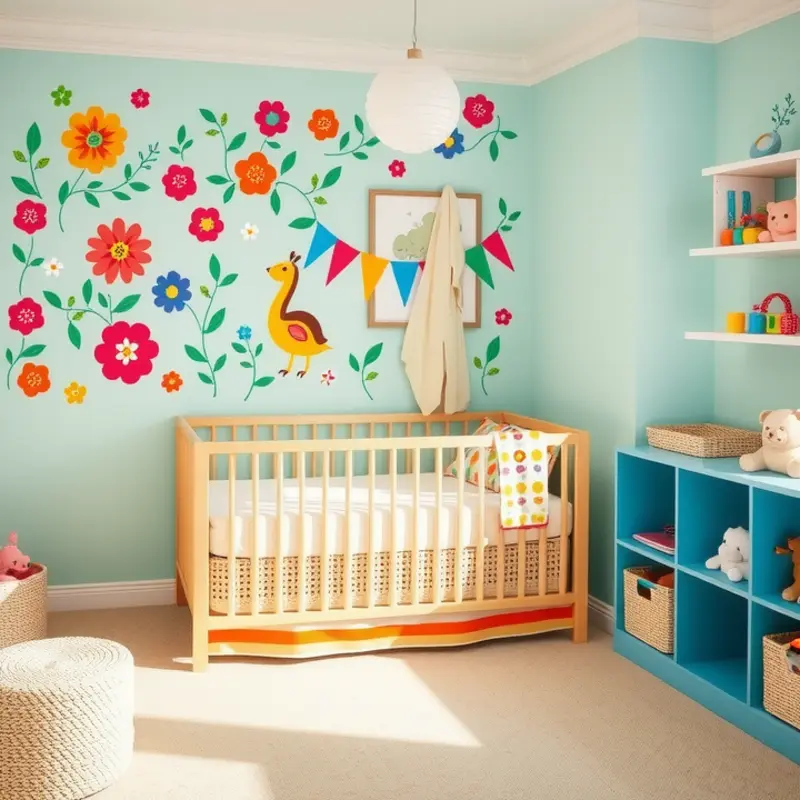 A vibrant and functional nursery design featuring removable decor and versatile furniture.