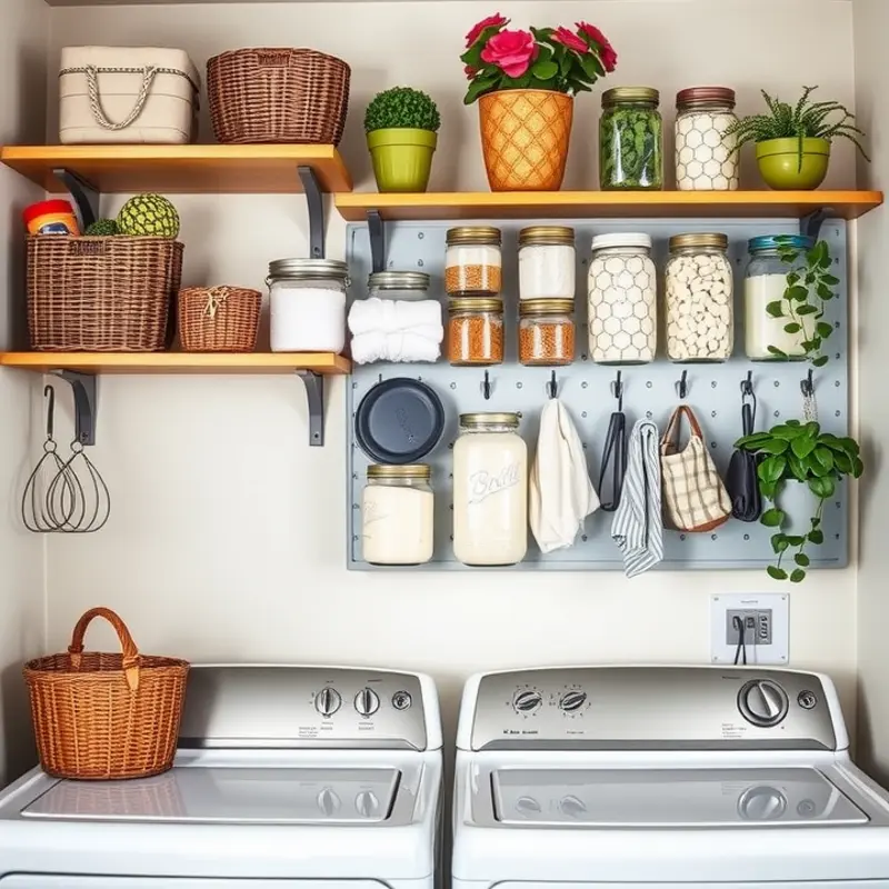 Revamped laundry space with upcycled wall art adds character and personality.