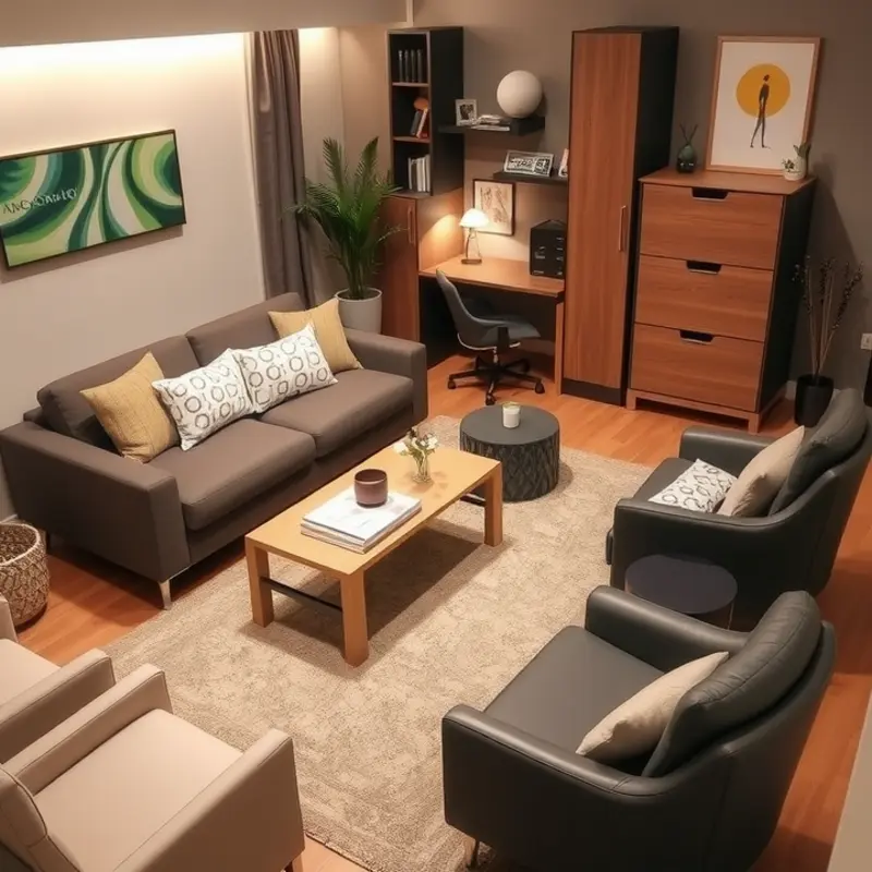 A vibrant rental living room showcasing removable wallpaper and colorful decor.