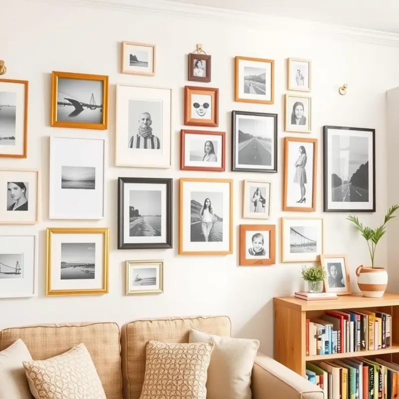 A charming gallery wall showcasing personal artwork and photos using command hooks.